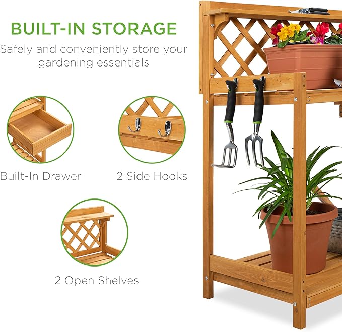 Best Choice Products Outdoor Garden Potting Bench, Wooden Workstation Table w/Cabinet Drawer, Open Shelf, Lower Storage, Lattice Back - Natural