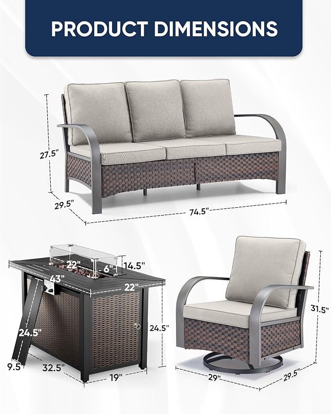 HUMMUH Patio Furniture Set with Fire Pit-Outdoor Swivel Glider Rocking Chair with Patio Sofa Outdoor Conversation Furniture for Deck Porch Garden Poolside Backyard-Brown/Beige