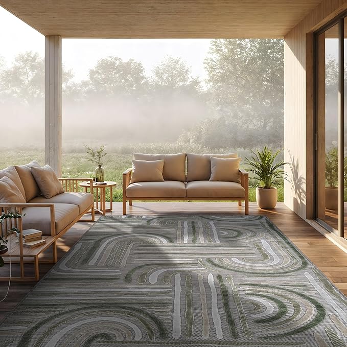 CAMILSON Indoor Outdoor Rug, Beige 5x7 Geometric Arch Striped Area Rugs for Patio and Home Areas, Easy-Cleaning Non-Shedding Living Room, Garden and Deck Washable Outside Carpet (5 x 7)