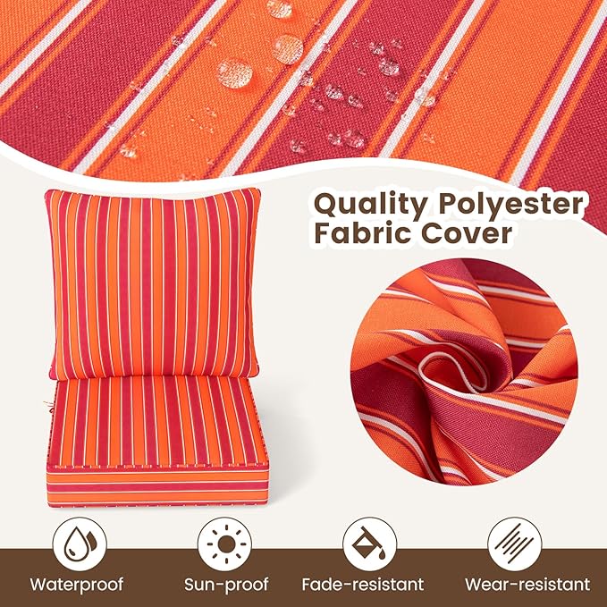 Giantex Patio Cushion Set, Outdoor Chair Seat Pads w/Non-Slip Rope Belts, Detachable Patio Furniture Cushions, Thick Seat Cushion & Back Cushion for Living Room Floor Sofa Patio Garden Chair (Orange)