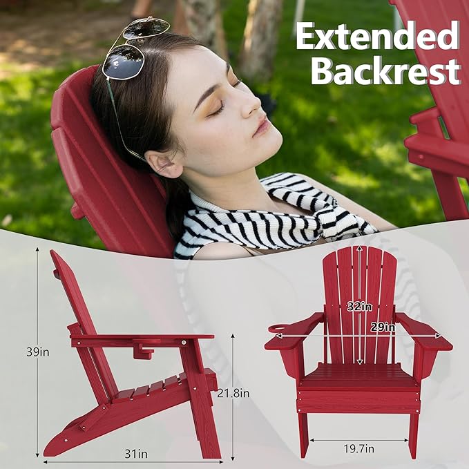 Plawdlik Folding Adirondack Chair Set of 6 with Cup Holder，Wooden Textured ，Heavy All-Weather HDPE Comfortable Set Poolside Backyard Lawn, Red