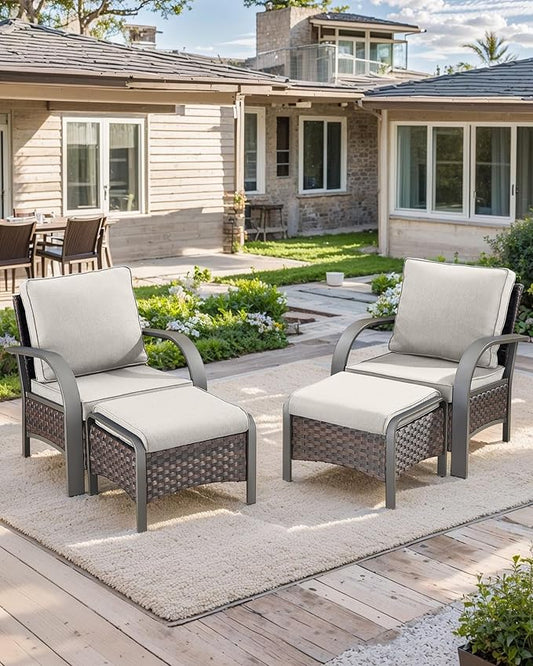 HUMMUH Outdoor Wicker Chairs Set of 2-All Weather Rattan Wicker Patio Chairs with Ottoman Small Outdoor Furniture Set for Deck Porch Garden Poolside Backyard-Brown/Beige