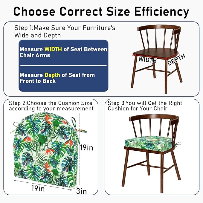 Topotdor Outdoor Chair Cushions Set of 2, Waterproof Patio Chair Cushions for Outdoor Furniture, Round Corner Seat Chair Pads with Ties for Patio Garden Dining Office, 19"x19"x3", Tropical Plant