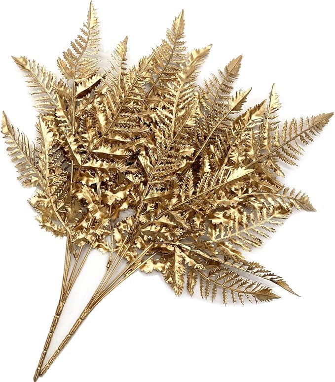 CATTREE Christmas Artificial Plants Decoration, Plastic Golden Shrubs Plant Simulation Boston Leaves Fake Fern Grass for Wedding Party Indoor DIY Home Office Table Centerpieces Decor - Gold 2 Pack