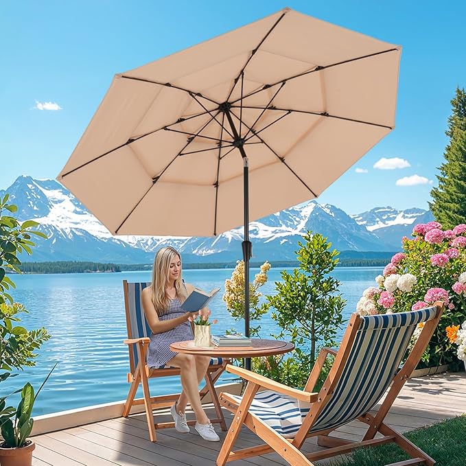10 FT Patio Umbrella, 3 Tier Outdoor Table Umbrella with 8 Sturdy Glass Fiber Ribs and Push Button Tilt, Outdoor Patio Umbrellas for Market Pool Garden Backyard, 1.5" Pole, Champagne (No Base)