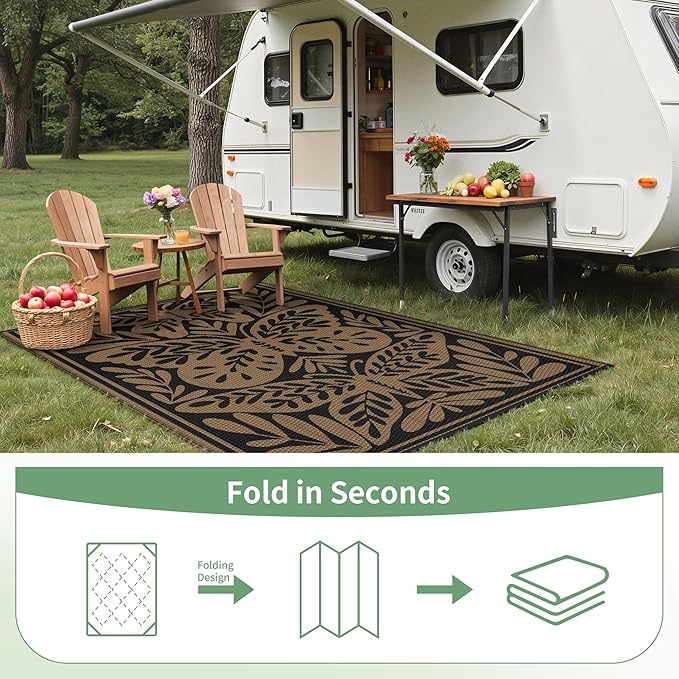 GENIMO Outdoor Rug 5' x 8' Waterproof for Patio Clearance, Reversible Plastic Straw Camping Mat, Lightweight Carpet for Rv, Camper, Deck, Porch, Picnic, Balcony, Beach, H.Black & Brown