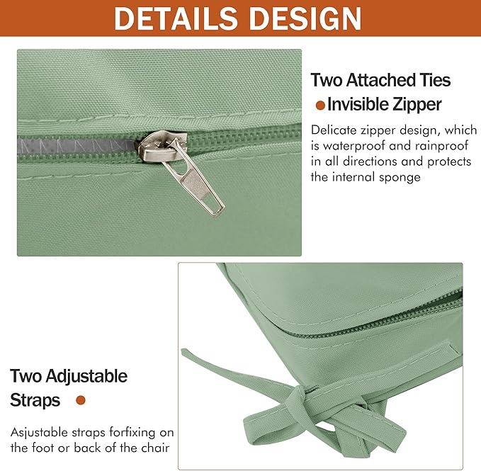 4 Pack Outdoor Chair Cushions 19 x 19 Inch Water Resistant Patio Chair Cushions with Tie 3 Year Color Fastness Thick Outdoor Seat Cushion for Garden Lawn Patio Furniture Sage Green