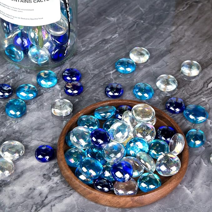 DomeStar 65PCS Iridescent Blue Flat Marbles, Decorative Glass Pebbles Beads Vase Fillers Decorative Fish Tank Aquarium Rocks for Centerpieces Table Decor