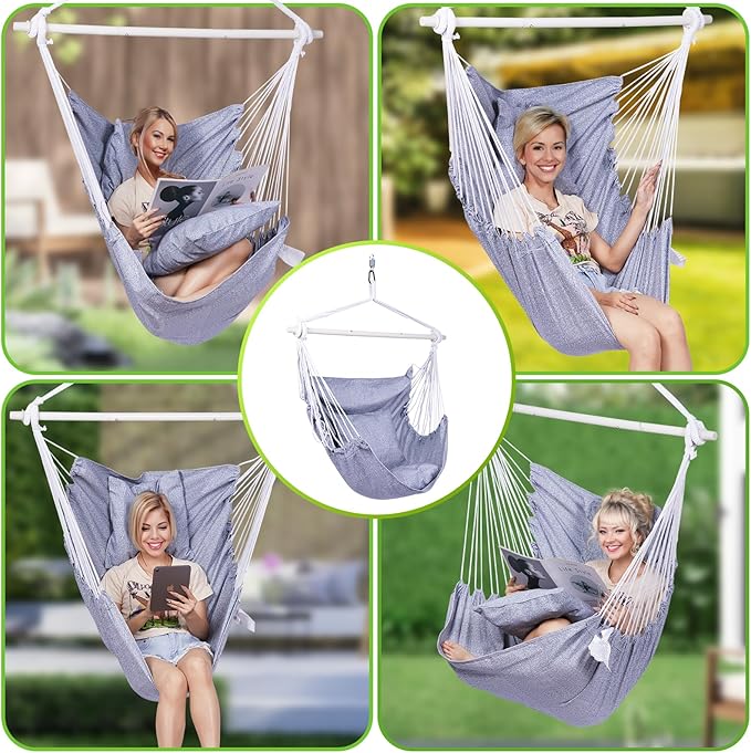 Backyard Expressions Hanging Hammock Chair Swing with Cushions & Hanging Kit – 500 lb Capacity, Cotton Blend Fabric, for Indoor/Outdoor Use – Includes Chain, Hooks & Spring – 5 Colors (Grey)