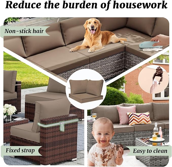 Outdoor Sectional Cushions Replacement Set, 26x26in Patio Furniture Cushions, 14 Pieces Waterproof Outdoor Couch Cushion for 6 Seat Wicker Conversation (Khaki)