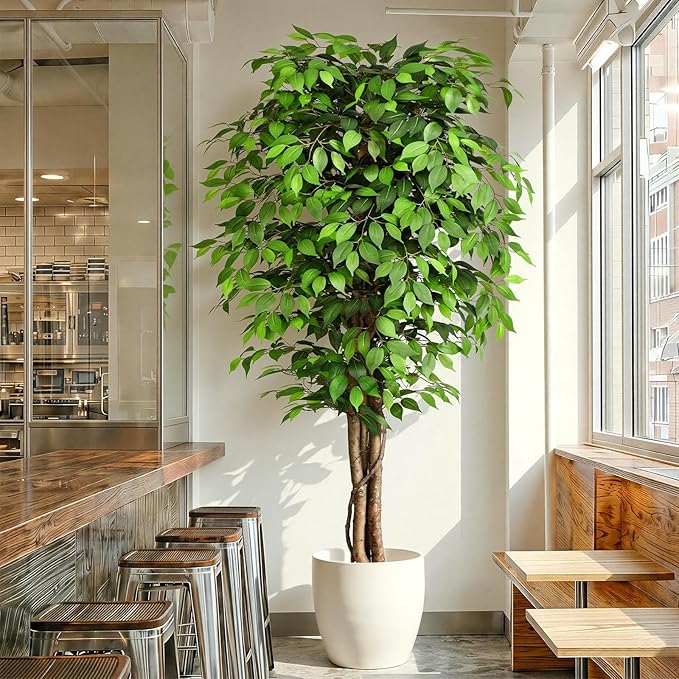 7ft Large Ficus Artificial Trees with Natural Curved Trunks, 84" Tall Lush Faux Tree for Home Decor Indoor, Green Lifelike Fake Ficus Tree Artificial Plants in Pot