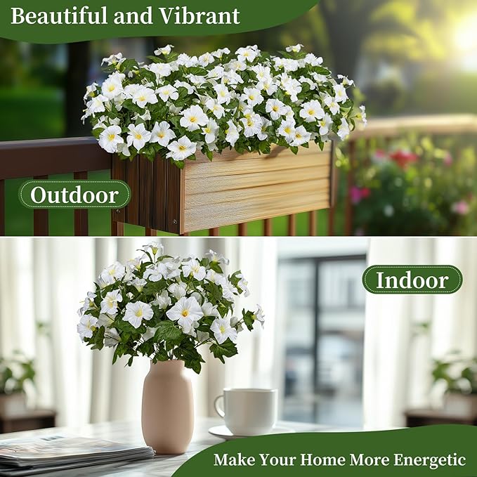 19 Inch Artificial Fake Flowers for Outdoor,4 Pcs White Faux Silk Petunias Spring Flowers for Outside for Indoor Porch Planter Front Door Garden Patio Window Box Home Decor
