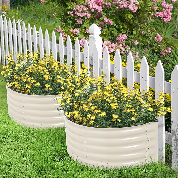Aoodor 42" L x 24" W x 17" H Half Moon Galvanized Raised Garden Bed, Durable Semi-Circular Outdoor Planter Boxes for Vegetables, Flowers, and Herbs, Set of 2, Beige