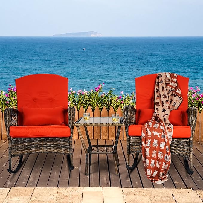 Wicker Rocking Chairs Set of 2, Rattan Patio Rocking Chairs, All-Weather Rocking Lawn Wicker Furniture for Porch Deck Garden Backyard(Red)