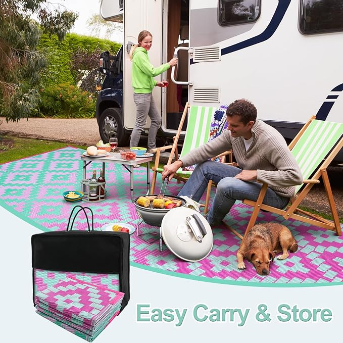 Wonnitar Outdoor Rug 9x12 Waterproof Reversible Plastic Straw Rug for Patio Clearance, Modern Outside Area Rug RV Rug for Camping, Indoor Outdoor Portable Mat for Deck Balcony Porch, Green/Pink