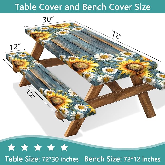 Picnic Table Cover with Bench Covers Camping Essentials Waterproof Windproof Camping Tablecloth with Drawstring Bag, Fitted Rectangle Tables and Seats, 60in, Teal Wooden Sunflower