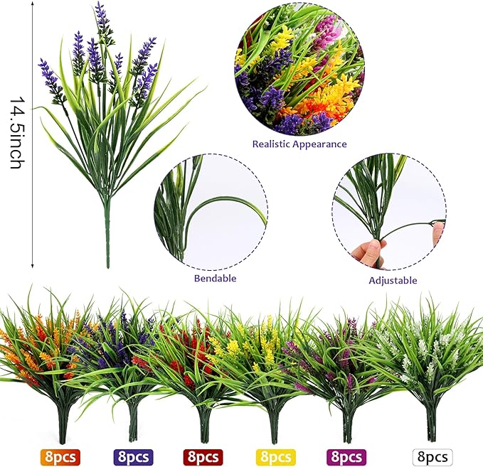 Geegoods Artificial Plants Flowers for Outdoor – 48 Bundles UV Resistant Faux Lavender Flowers with Monkey Grass for Garden Porch Window Patio Hanging Planter Decor