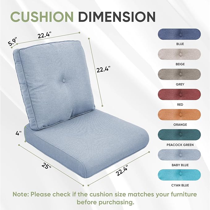 Outdoor Chair Cushion Set of 3, Waterproof Outdoor Seat Cushions 25x22 , Patio Chair Cushions for Outdoor Furniture, Couch Cushion Replacement, Include 3 Back & 3 Seat Cushions, Button/BabyBlue