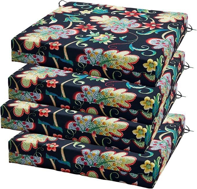 Outdoor Chair Cushions Set of 4, 18.5 x 16 Inch Patio Chair Cushions for Outdoor Furniture, Water Resistant, Non-Slip Ties(Black Floral)