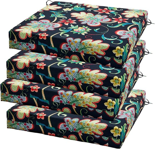 Outdoor Chair Cushions Set of 4, 18.5 x 16 Inch Patio Chair Cushions for Outdoor Furniture, Water Resistant, Non-Slip Ties(Black Floral)