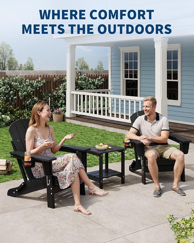 Folding Adirondack Chair Set of 4, All-Weather HDPE Outdoor Chair, Wooden Textured with Cup Holder for patios, Decks, Gardens, fire pits, Black
