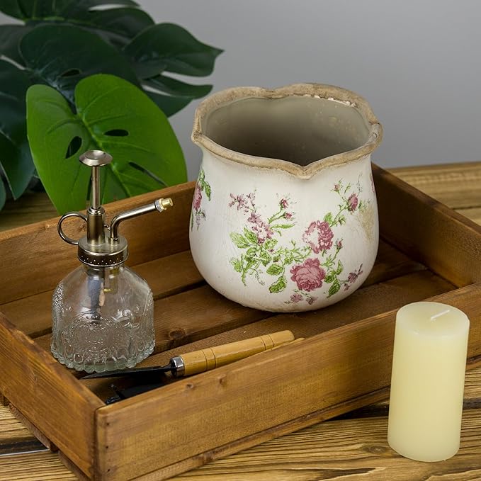 Rustic Ceramic Planter, 6 Inch Tuscan Vintage Flower Pot with Drainage, Farmhouse Garden Pot for Indoor Plants, Kitchen & Garden Tuscan Decor, Plant Lover Gift (Pink)