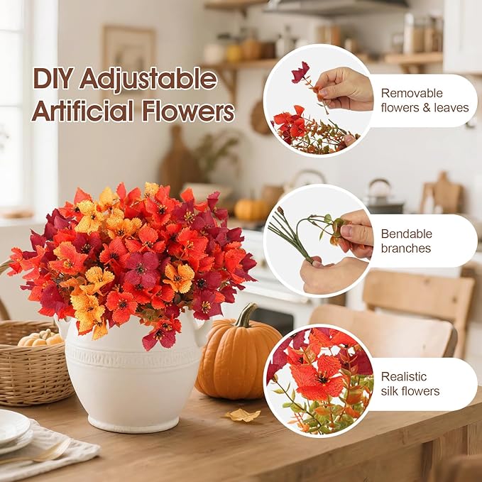 Artificial Fall Mums Flowers Plants for Outdoor Decoration, 12 Bundles Faux Fake Silk Orange UV Resistant Look Real for Autumn Front Door Porch Planter Patio Garden Home Decor (12Pcs Orange Hydrangea)