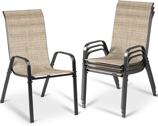 MAMIZO Patio Dining Chairs, Stackable All Weather Teslin Chair, Heavy Duty Outdoor Breathable Chairs Set, w/Armrests, Upgraded Chair FeetW/Strenthened Iron Spacers, 330 LBS (4, Brown)