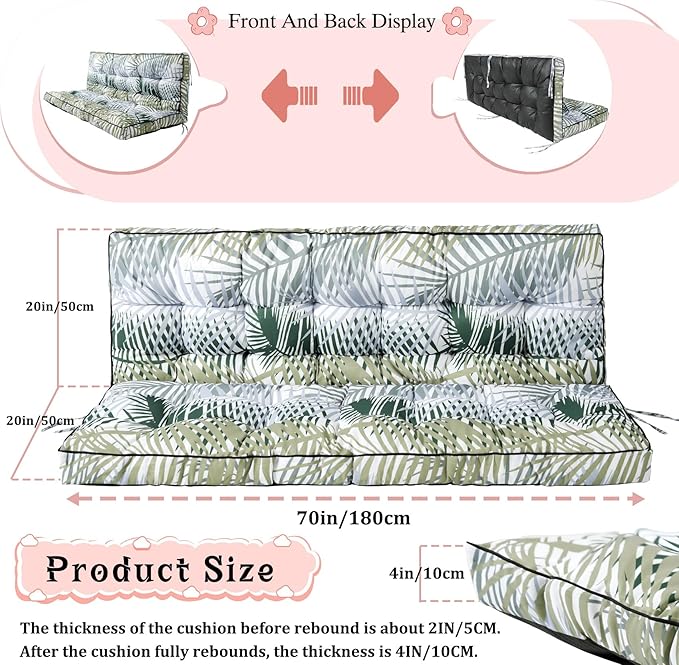 2-3 Seat Swing Replacement Cushion, Outdoor Bench Cushions with Backrest Thicken 4", Patio Furniture Garden Porch Loveseat Glider Pad Anti-Fading Waterproof (Green Leaves, 40x70in-thicken)