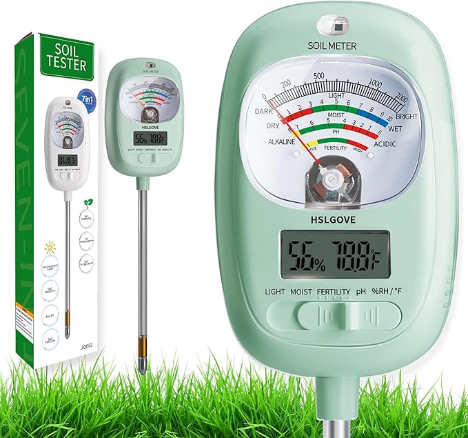 HSLGOVE Soil Test Kit, 7-in-One Soil Moisture Meter/Soil PH Meter/Fertility, Dual Screen Soil Tester w/Digital Soil Temp/Air Temp&Humidity for Plants Gardening,Lawn,Farm Indoor&Outdoor-Blue Green