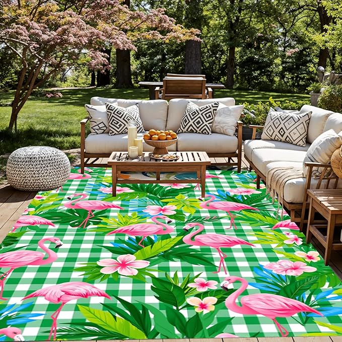 Waterproof Outdoor Patio Rug 6x8 Tropical Flamingo Monstera Flower Print Checkerboard Outside Carpet for Porch Deck Balcony Poolside Garden RV Camping Pink Green Easy Clean Durable Mat