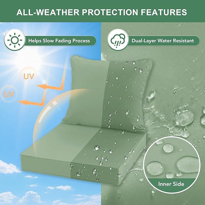 Waterproof Outdoor Patio Cushions with Removable Cover, Fade Resistant Back Pillow and Seat Cushion Set for Yard Porch Garden, 19 x 19 Inch, Sage Green, Set of 2