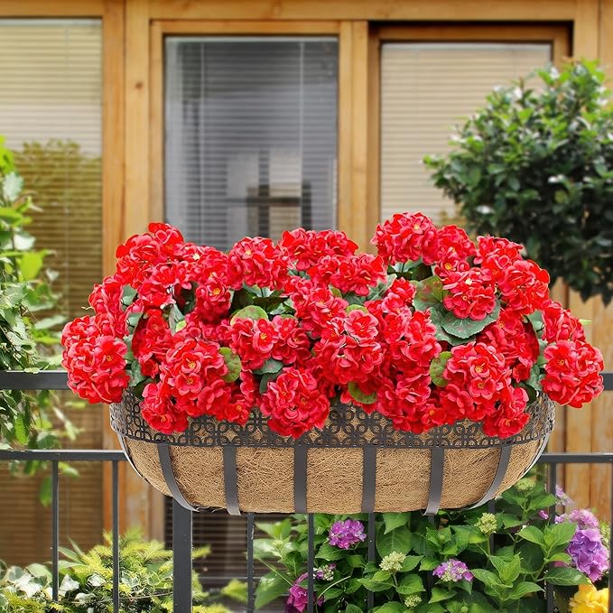 famibay Artificial Flowers for Outdoor Indoor Garden Home Decoration, 8 Bundles Silk Geraniums UV Resistant Look Real Faux Plants for Front Door Porch Planter Urn Patio Garden, Red