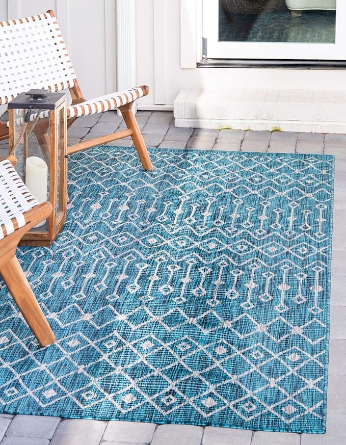 Unique Loom Outdoor Trellis Collection Area Rug - Tribal Trellis (4' 1" x 6' 1" Rectangle, Teal/ Ivory)
