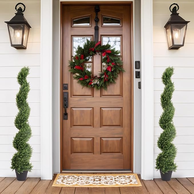 THE BLOOM TIMES 5ft Artificial Topiary Trees Set of 2, Faux Cedar Cypress Spiral Topiary Trees Outdoor - Fake Plants for Garden Front Porch Indoor Outside Planter Decor 5 Foot