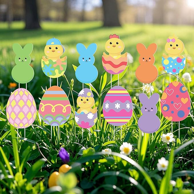 Iceyyyy 12 Pcs Easter Egg Planter Stakes-11 Inch Bunny Egg Chick Planter Stakes-Easter Yard Stakes Garden Signs for Home Plant Pot Party Supplies Outdoor Lawn Decor