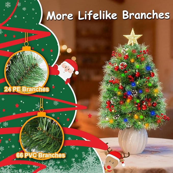 JOYHALO 2 Pack 32 Inch Outdoor Porch Christmas Tree with 50 Lights in Warm White and Multicolor, Prelit Artificial Christmas Tree Urn Filler with PVC&PET Branches for Pathway Entryway Decorations