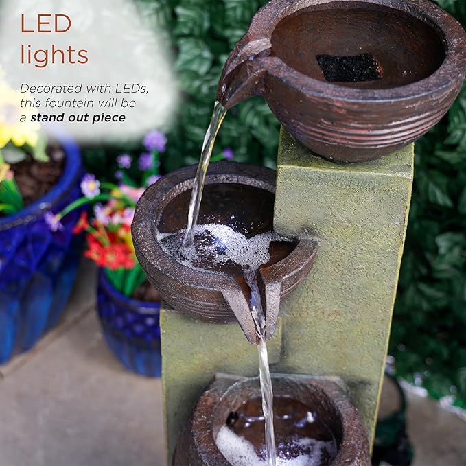 Alpine Corporation 32" Tall 3 Tier Basins Water Fountain with LED Lights, Waterfall Decor, Elegant Cascading Water Feature for Garden, Patio, Yard & Outdoor Spaces, Multi-Color