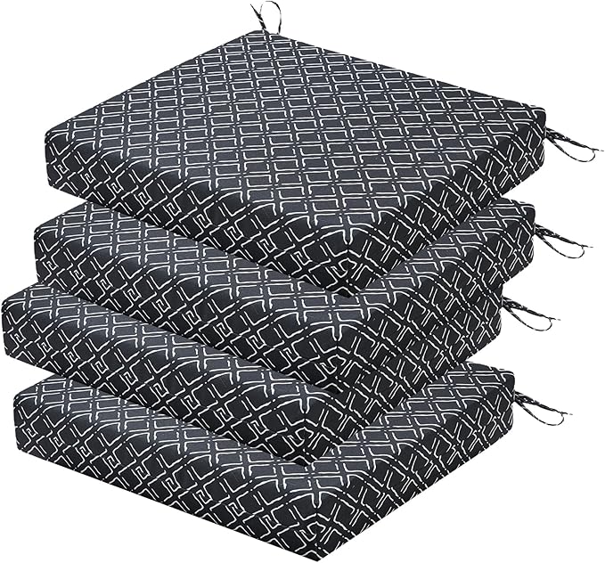 Outdoor Chair Cushions Set of 4, 18.5 x 16 Inch Patio Chair Cushions for Outdoor Furniture, Water Resistant, Non-Slip Ties (Black Geometry)
