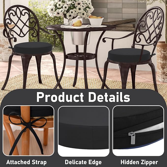 Topotdor Outdoor Bistro Chair Cushions Set of 2, 15"x15"x3" Waterproof Patio Chair Cushions for Outdoor Furniture, Round Outdoor Seat Cushions Color Fastness Chair Pads with Ties, Black