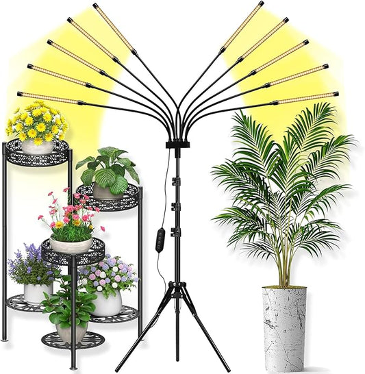 Grow Lights for Indoor Plants 8 Heads, Full Spectrum Plant Lights for Indoor Growing with Tripod Stand, Auto On/Off Timing 4/8/12H, LED Grow Lights for Indoor Plants. (10 Arms Full Spectrum)