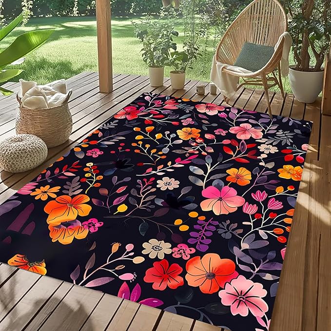 Washable Waterproof Floral Print Indoor Outdoor Rug 2x6 Black Pink Yellow Flowers Outdoor Area Rug for Garden Porch Patio Deck Camping Boho Floral Deco Balcony Pool Bedroom Low Pile Carpet Floor Mat