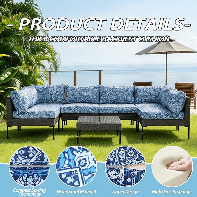 Patio Furniture Cushions,14Pieces Water-Resistant Outdoor Replacement Cushions,Sectional Sofa Cushions for Fits 6-Seats Rattan Wicker Patio Conversation Sets