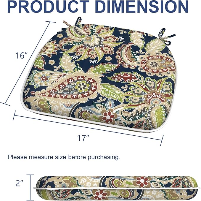 Outdoor 16"x17" Chair Pads Set of 4, Water Resistant Patio Chair Cushions with Ties, Seat Cushions for Home Garden Furniture Decoration, Paisley Sapphire Blue