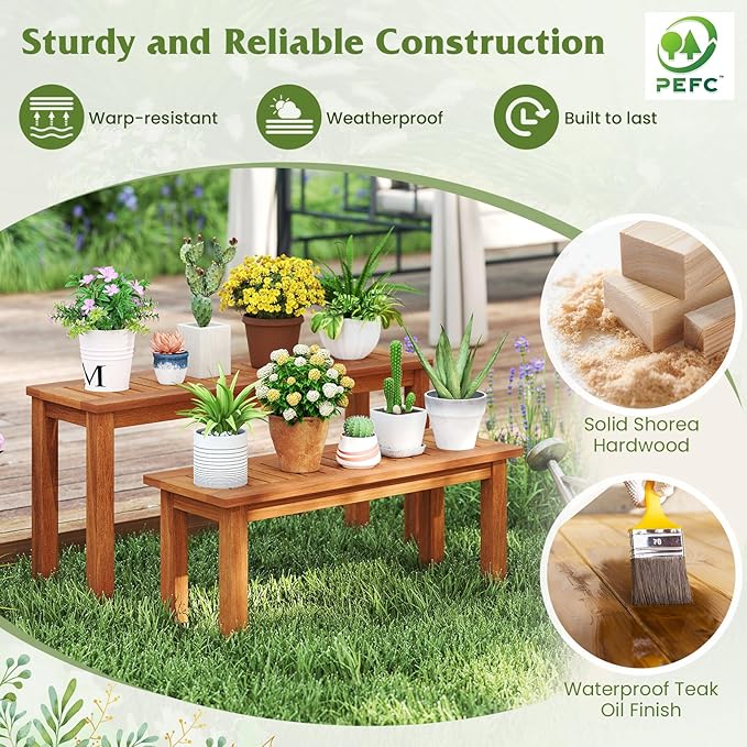 HOMGX Wooden Plant Stand Set of 2, Multifunctional Outdoor Backless Garden Bench with Slatted Seat, Easy Assembly, Rustic Flower Display Shelf for Yard, Entryway, Max Load 330 lbs, Natural
