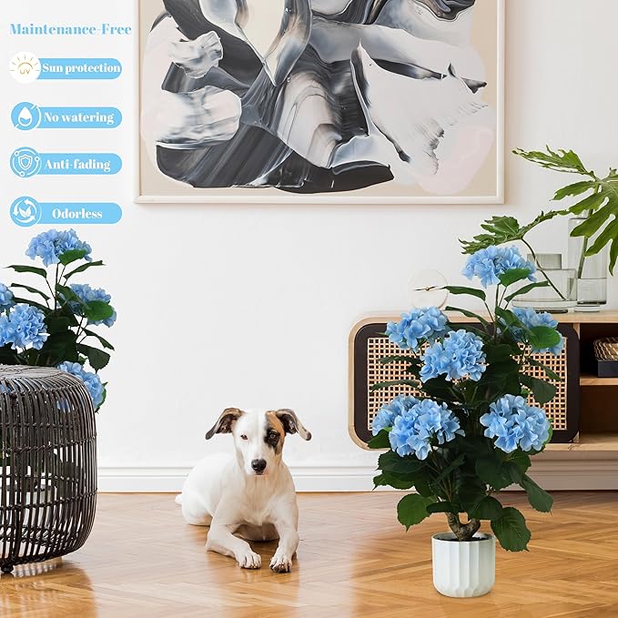 31" Large Artificial Blue Hydrangea Floor Plant, Realistic Faux Silk Floral Arrangement in Black Pot, UV Resistant Tall Outdoor Decorative Flowers for Porch, Patio, Office & Home Entrance