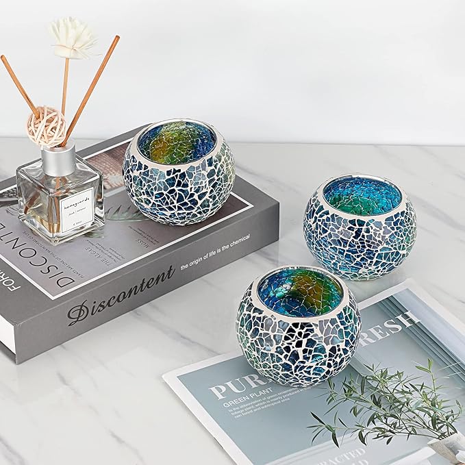 OwnMy Set of 3 Blue Mosaic Glass Tea Light Holders Round Bowl Votive Candle Holders Pillar Candle Stands, Glass Mosaic Tealight Holders Potted Plant Bowl Vase Candle Centerpiece for Table Wedding
