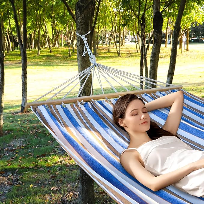 Hammock, Portable with Extension Pole, Cotton Rope Double Hammock, 770 lbs Capacity, Suitable for Patio, Backyard, Garden, and Beach (Brown, Blue, and White Stripes)