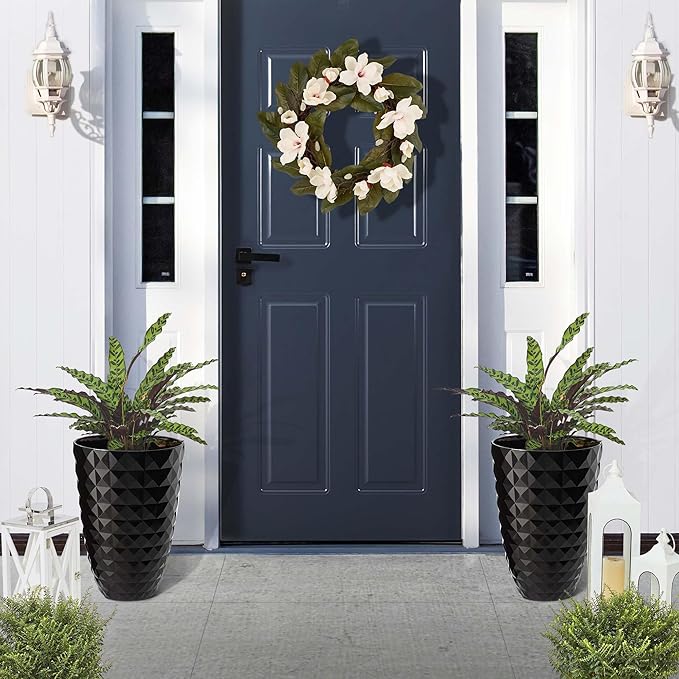 Glitzhome 19.75" H Large Tall Planters for Outdoor, Set of 2 Tall Black Planter with Drainage Holes, Faux Ceramic Diamond Textured Oversized Planters, Decorative Flower Pots for Porch Indoor Garden