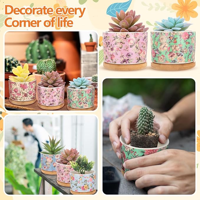 12 Pack 3.14 Inch Ceramic Succulent Plant Pots Mini Flower Cylinder Pots with Drainage Hole and Bamboo Trays for Small Plants Flowers Cactus Home Office Decor(Chinoiserie)